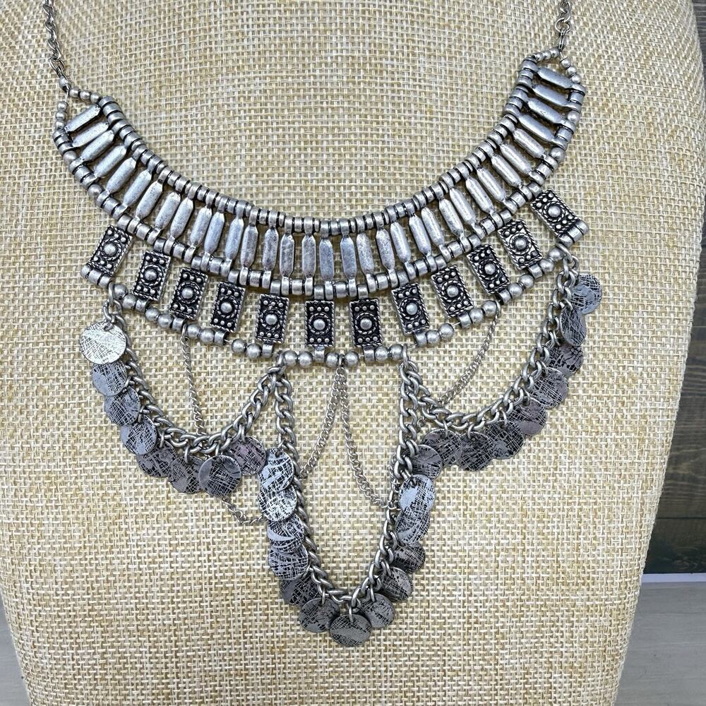 Vintage Boho Turkish Style Dangle Silver Tone Statement Bib Necklace